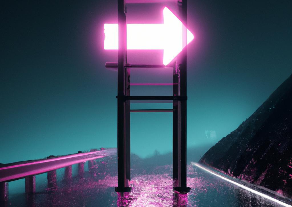 Image of an neon arrow sign in a road